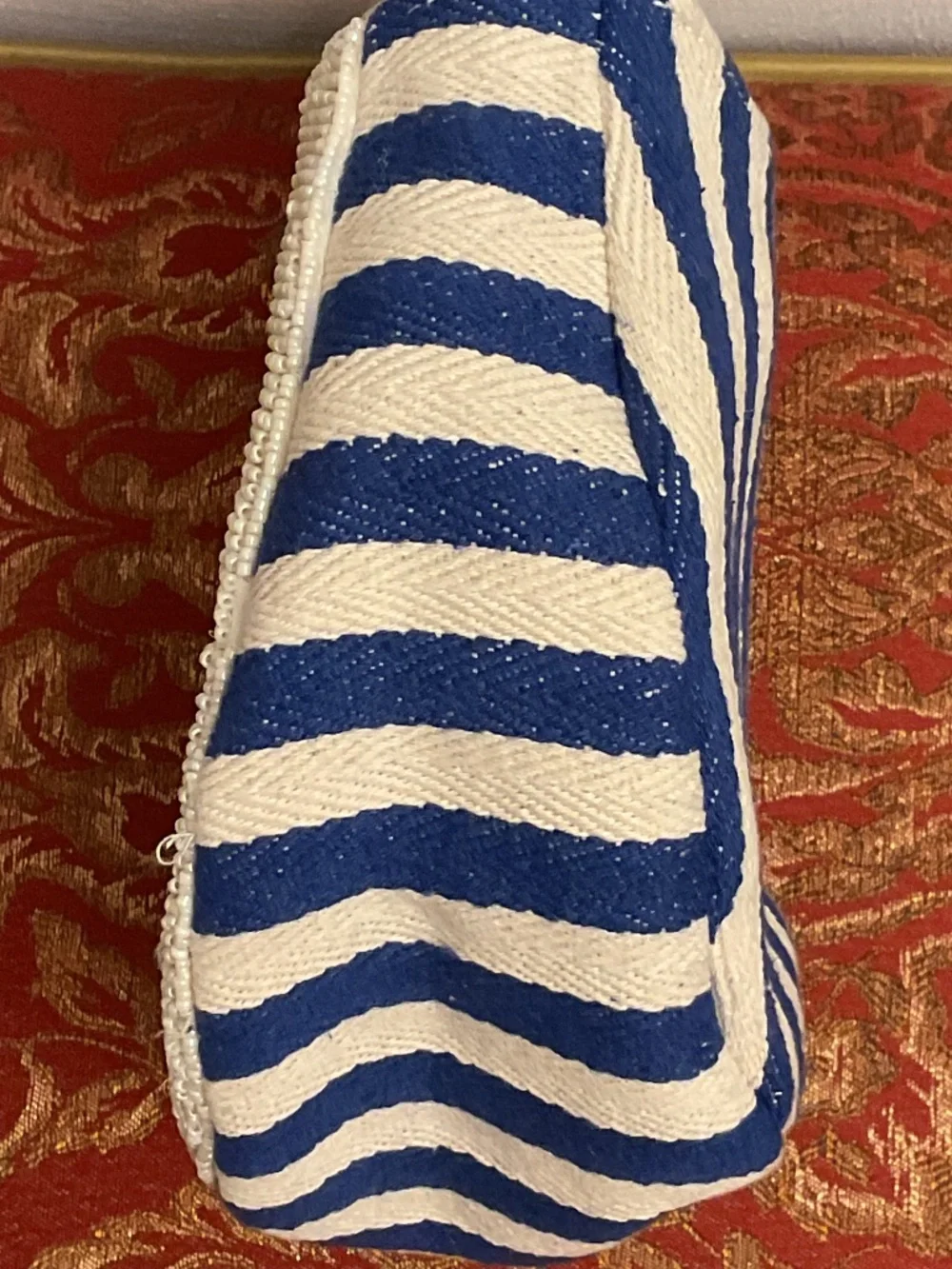 NWT Sardines Micro Beaded Blue White striped canvas Bag